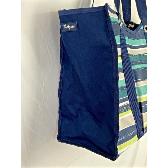 Thirty-One Deluxe Utility Tote Sea stripe Navy Blue Green White Beige Stripes - Picture 2 of 9